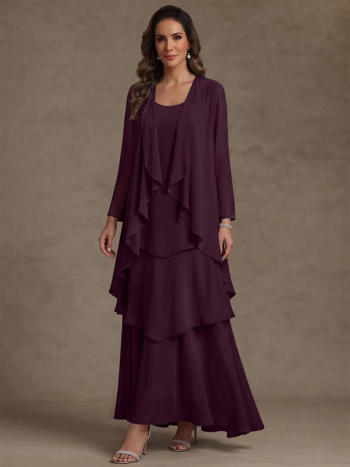 A-Line/Princess Scoop Chiffon Mother of the Bride Dresses with Jacket & Ruffles Long Sleeves Ankle-Length