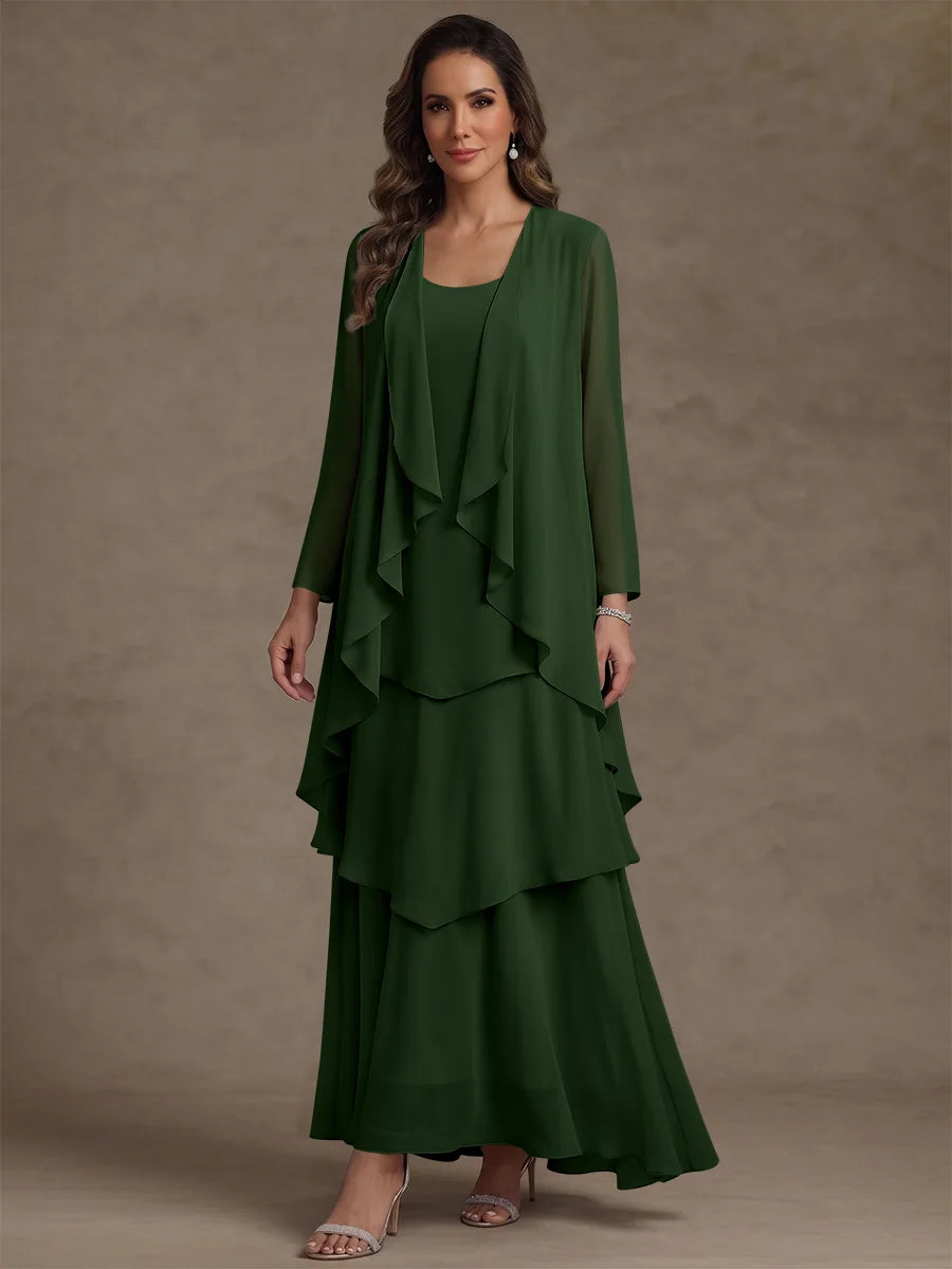 A-Line/Princess Scoop Chiffon Mother of the Bride Dresses with Jacket & Ruffles Long Sleeves Ankle-Length