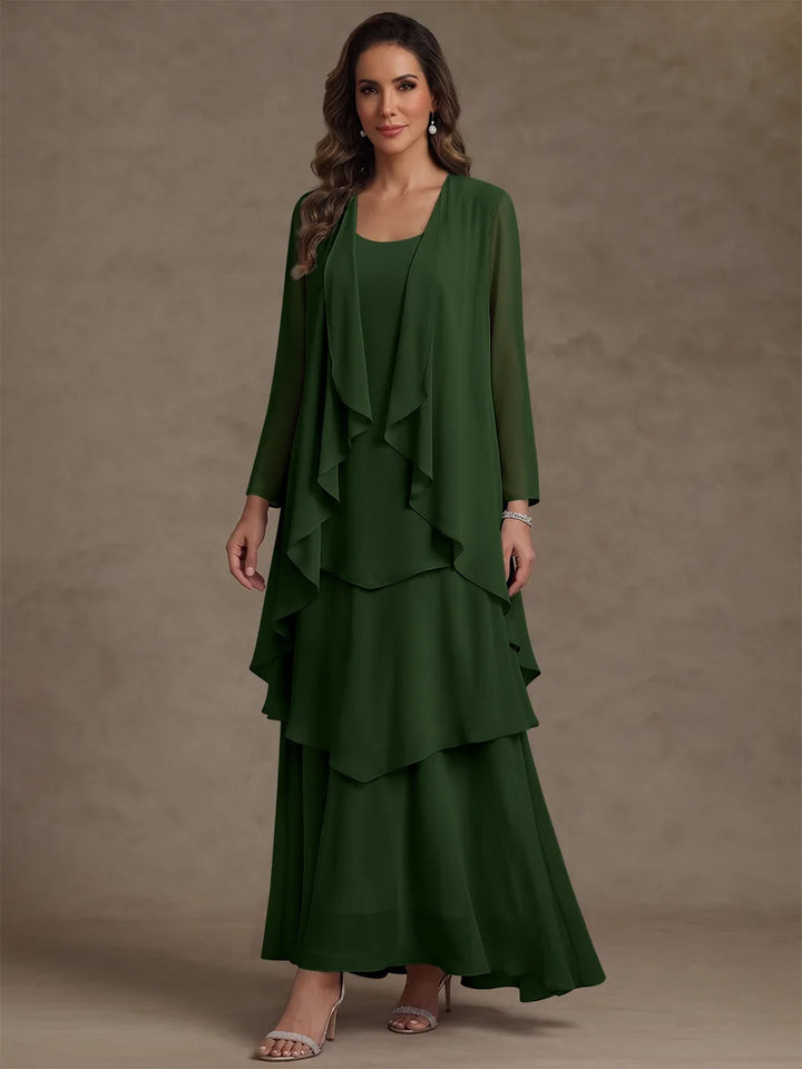 A-Line/Princess Scoop Chiffon Mother of the Bride Dresses with Jacket & Ruffles Long Sleeves Ankle-Length