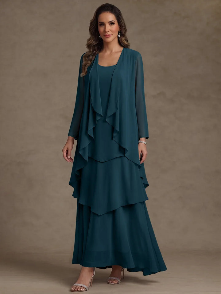 A-Line/Princess Scoop Chiffon Mother of the Bride Dresses with Jacket & Ruffles Long Sleeves Ankle-Length