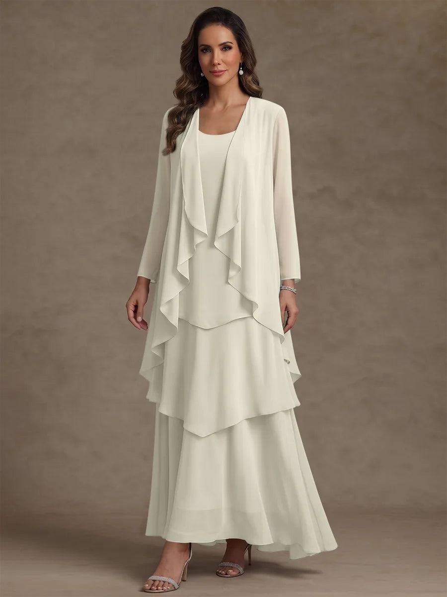 A-Line/Princess Scoop Chiffon Mother of the Bride Dresses with Jacket & Ruffles Long Sleeves Ankle-Length