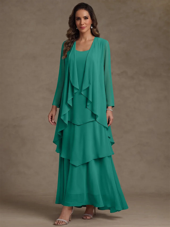 A-Line/Princess Scoop Chiffon Mother of the Bride Dresses with Jacket & Ruffles Long Sleeves Ankle-Length