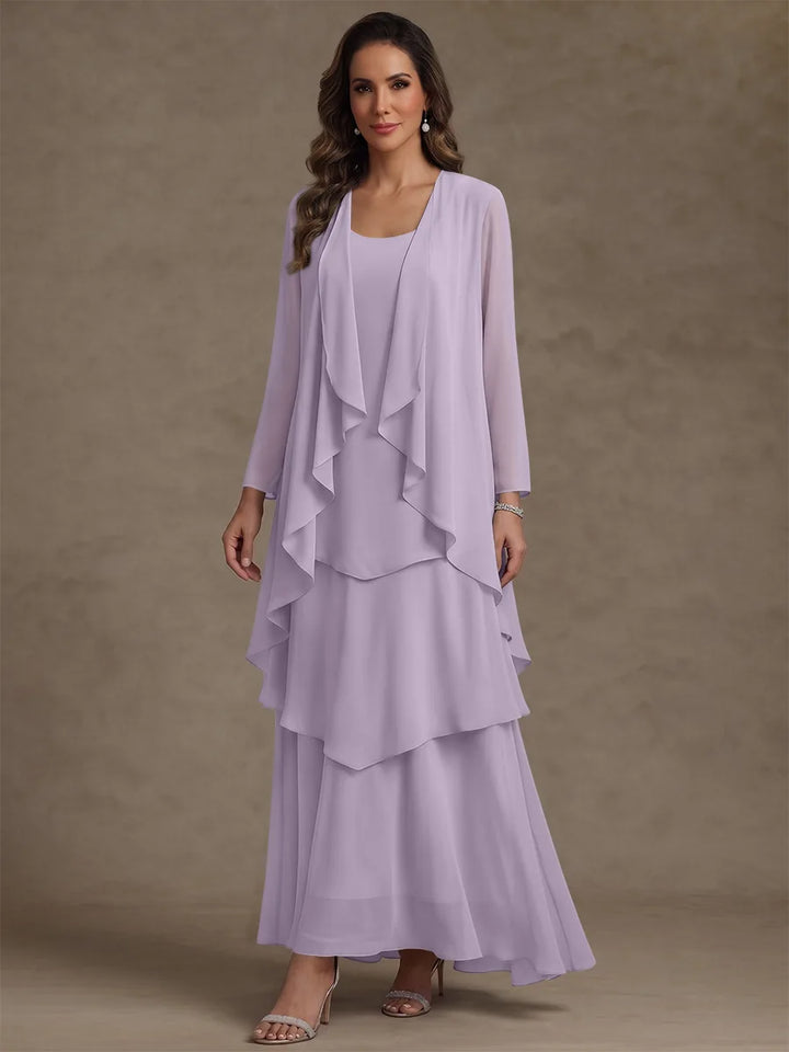 A-Line/Princess Scoop Chiffon Mother of the Bride Dresses with Jacket & Ruffles Long Sleeves Ankle-Length