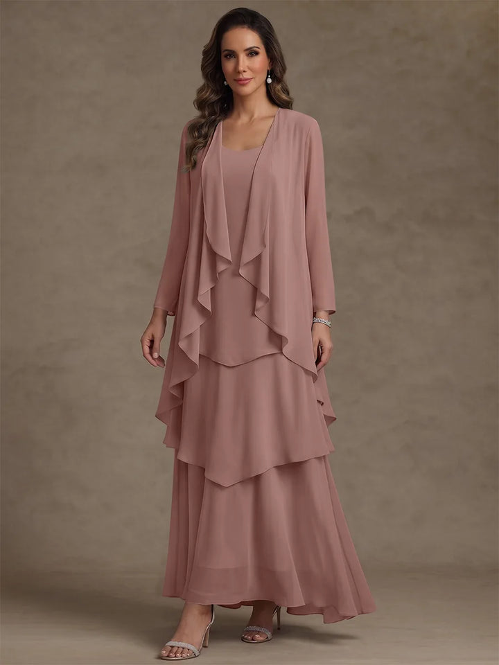 A-Line/Princess Scoop Chiffon Mother of the Bride Dresses with Jacket & Ruffles Long Sleeves Ankle-Length