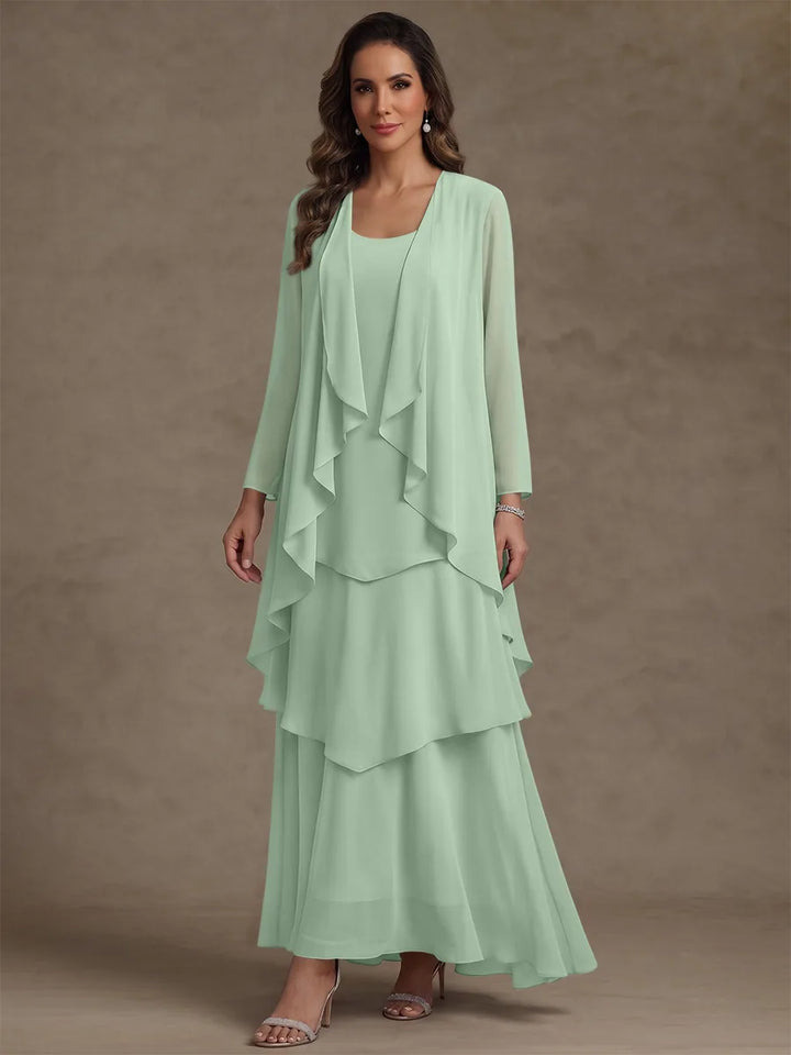 A-Line/Princess Scoop Chiffon Mother of the Bride Dresses with Jacket & Ruffles Long Sleeves Ankle-Length