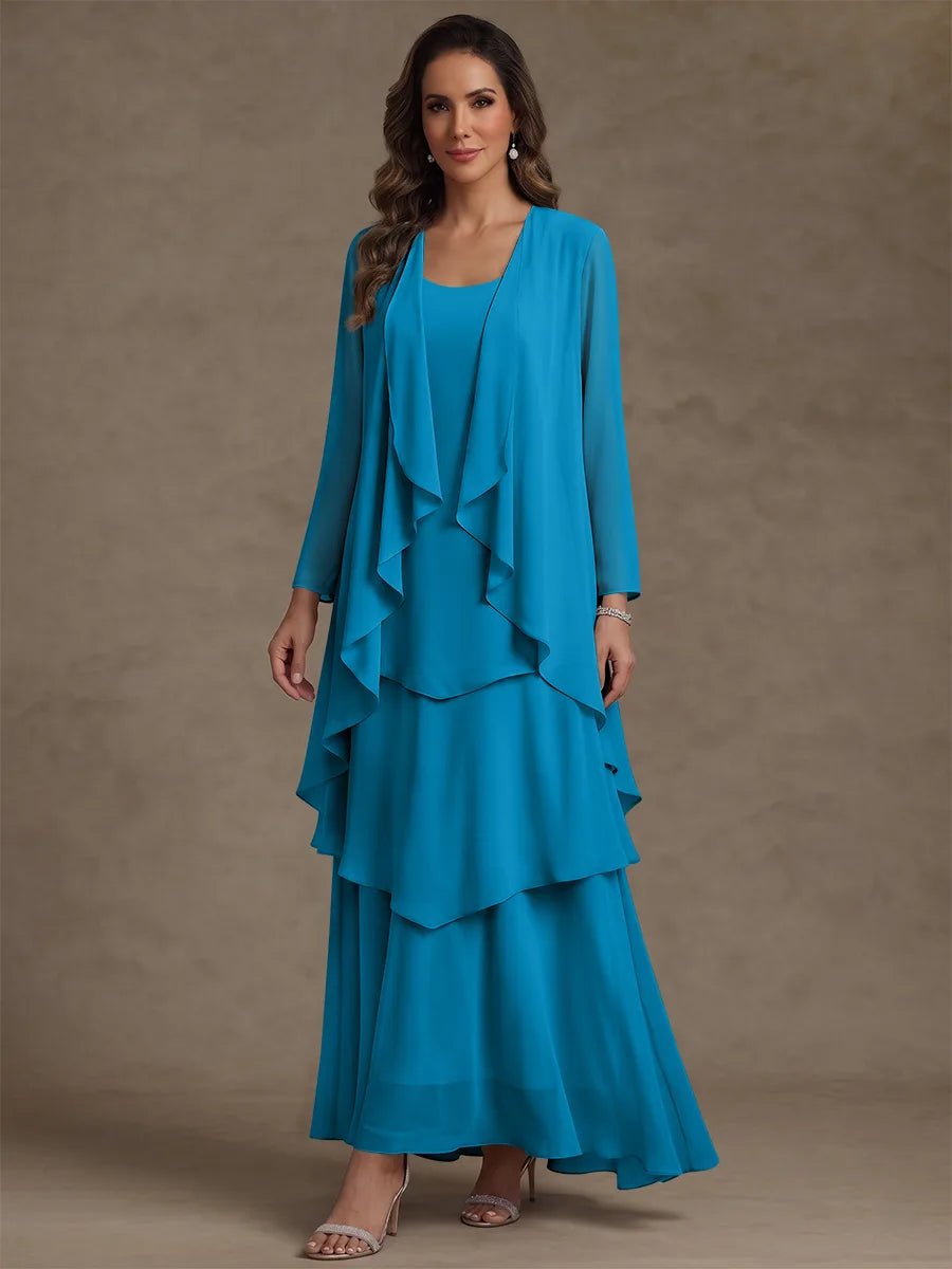 A-Line/Princess Scoop Chiffon Mother of the Bride Dresses with Jacket & Ruffles Long Sleeves Ankle-Length