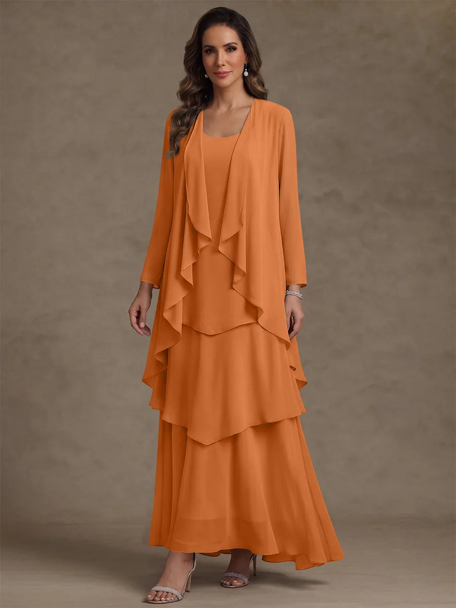 A-Line/Princess Scoop Chiffon Mother of the Bride Dresses with Jacket & Ruffles Long Sleeves Ankle-Length
