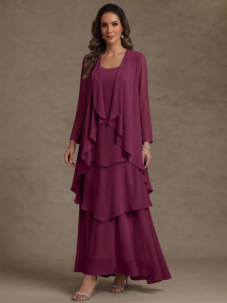 A-Line/Princess Scoop Chiffon Mother of the Bride Dresses with Jacket & Ruffles Long Sleeves Ankle-Length