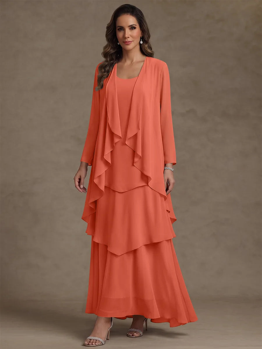 A-Line/Princess Scoop Chiffon Mother of the Bride Dresses with Jacket & Ruffles Long Sleeves Ankle-Length