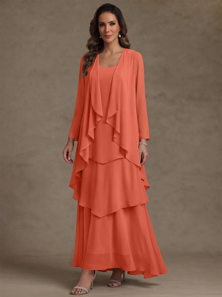 A-Line/Princess Scoop Chiffon Mother of the Bride Dresses with Jacket & Ruffles Long Sleeves Ankle-Length