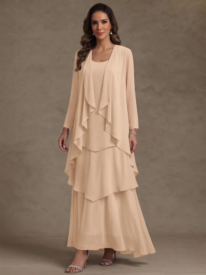 A-Line/Princess Scoop Chiffon Mother of the Bride Dresses with Jacket & Ruffles Long Sleeves Ankle-Length