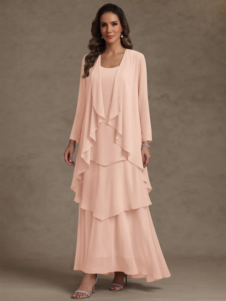 A-Line/Princess Scoop Chiffon Mother of the Bride Dresses with Jacket & Ruffles Long Sleeves Ankle-Length