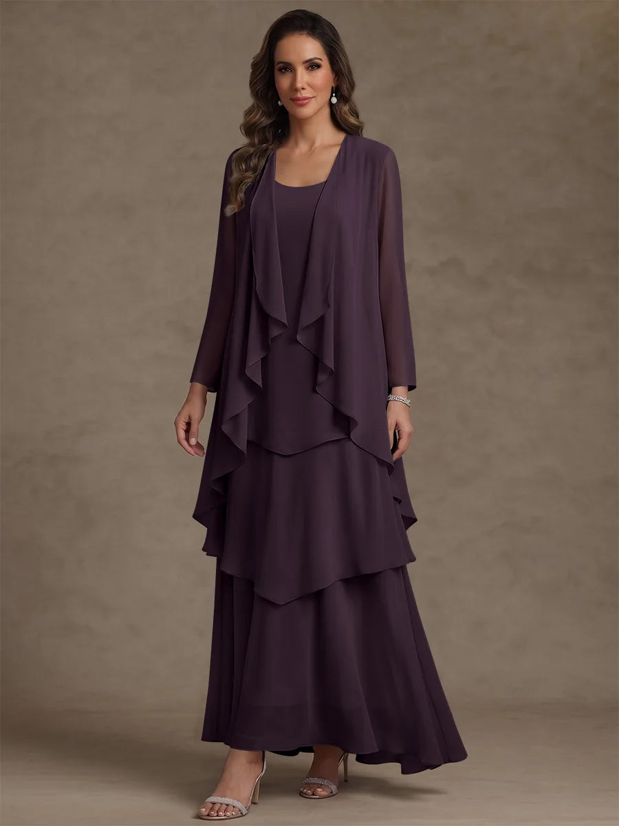 A-Line/Princess Scoop Chiffon Mother of the Bride Dresses with Jacket & Ruffles Long Sleeves Ankle-Length