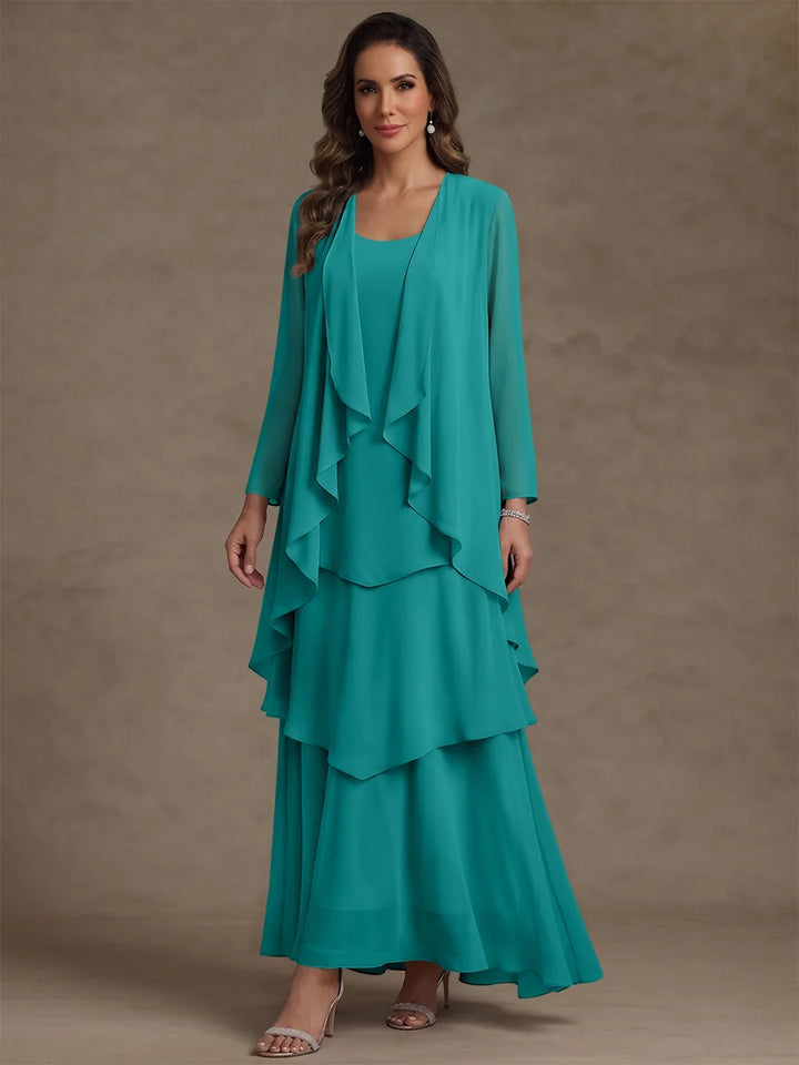 A-Line/Princess Scoop Chiffon Mother of the Bride Dresses with Jacket & Ruffles Long Sleeves Ankle-Length
