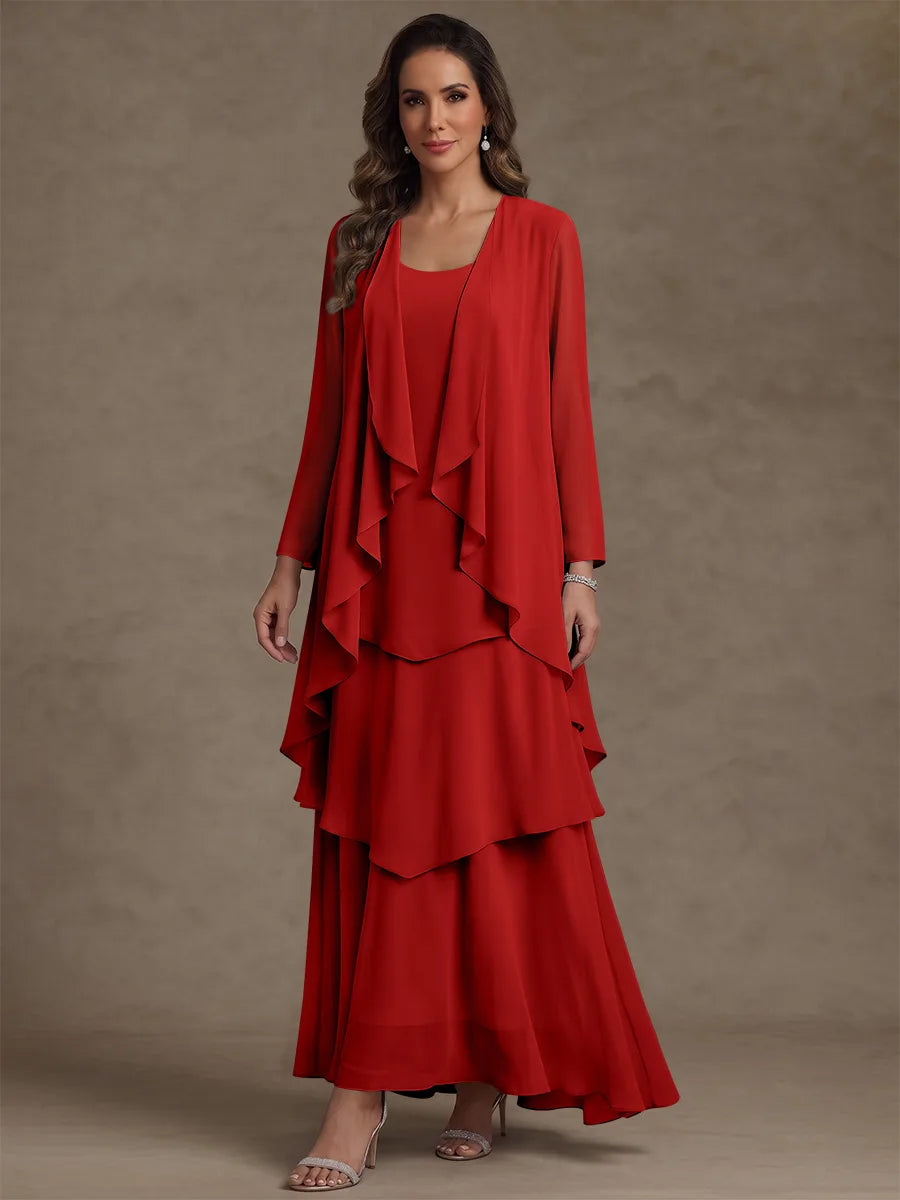 A-Line/Princess Scoop Chiffon Mother of the Bride Dresses with Jacket & Ruffles Long Sleeves Ankle-Length