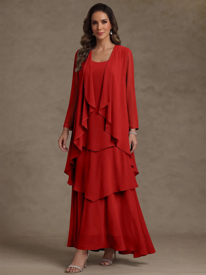 A-Line/Princess Scoop Chiffon Mother of the Bride Dresses with Jacket & Ruffles Long Sleeves Ankle-Length