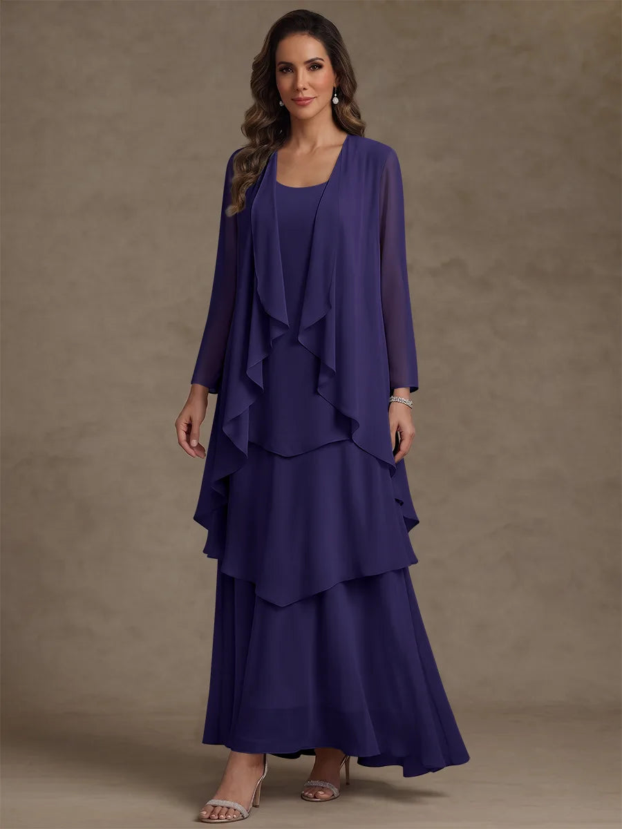 A-Line/Princess Scoop Chiffon Mother of the Bride Dresses with Jacket & Ruffles Long Sleeves Ankle-Length