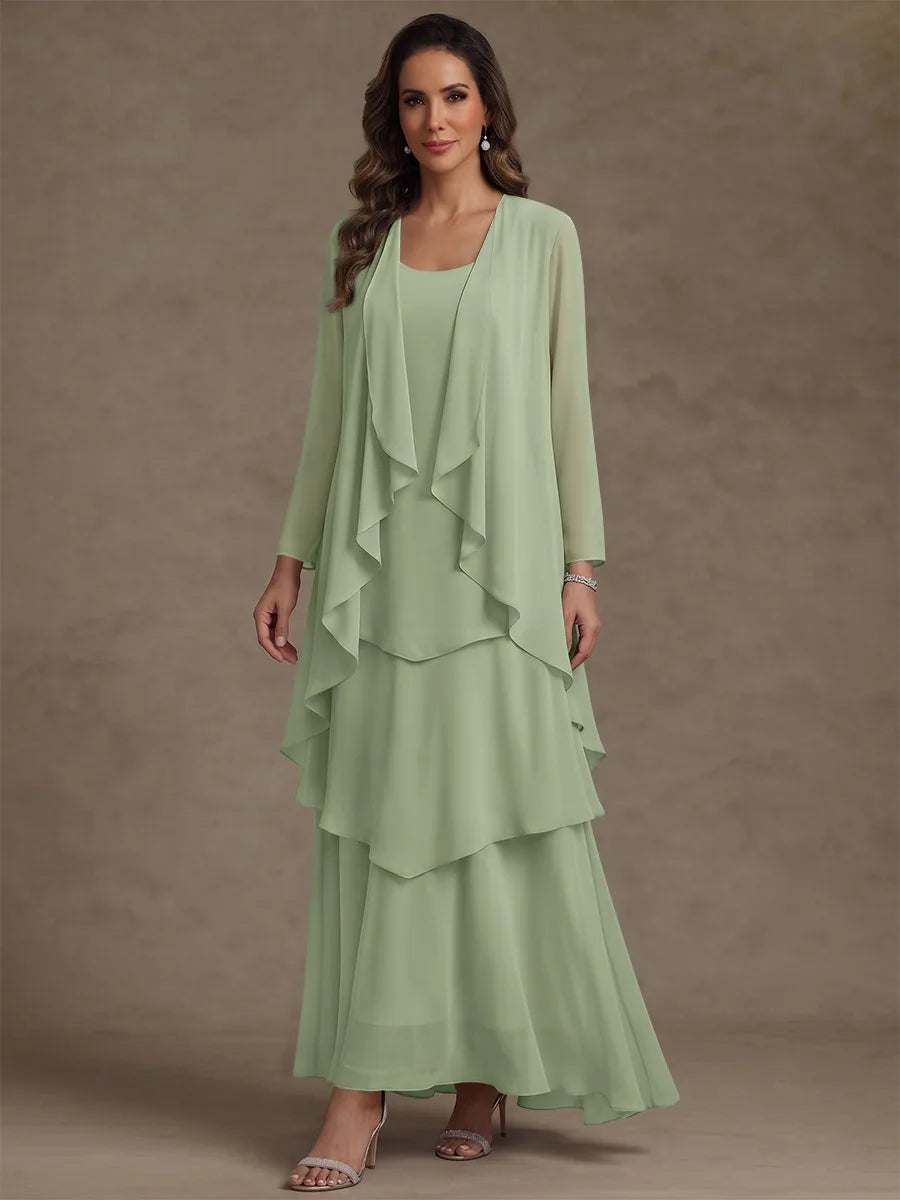 A-Line/Princess Scoop Chiffon Mother of the Bride Dresses with Jacket & Ruffles Long Sleeves Ankle-Length