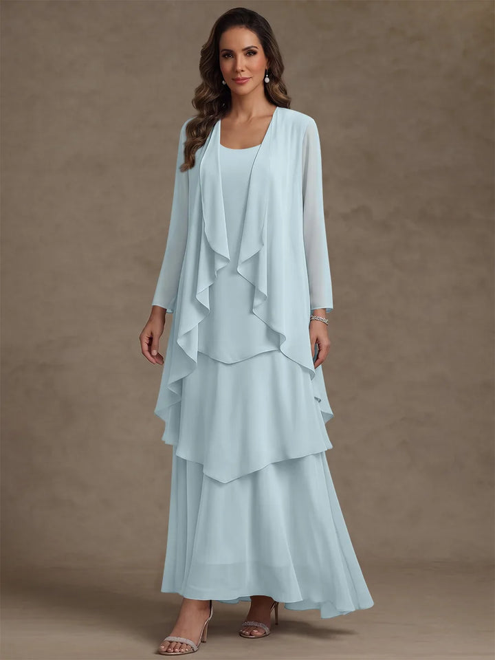A-Line/Princess Scoop Chiffon Mother of the Bride Dresses with Jacket & Ruffles Long Sleeves Ankle-Length