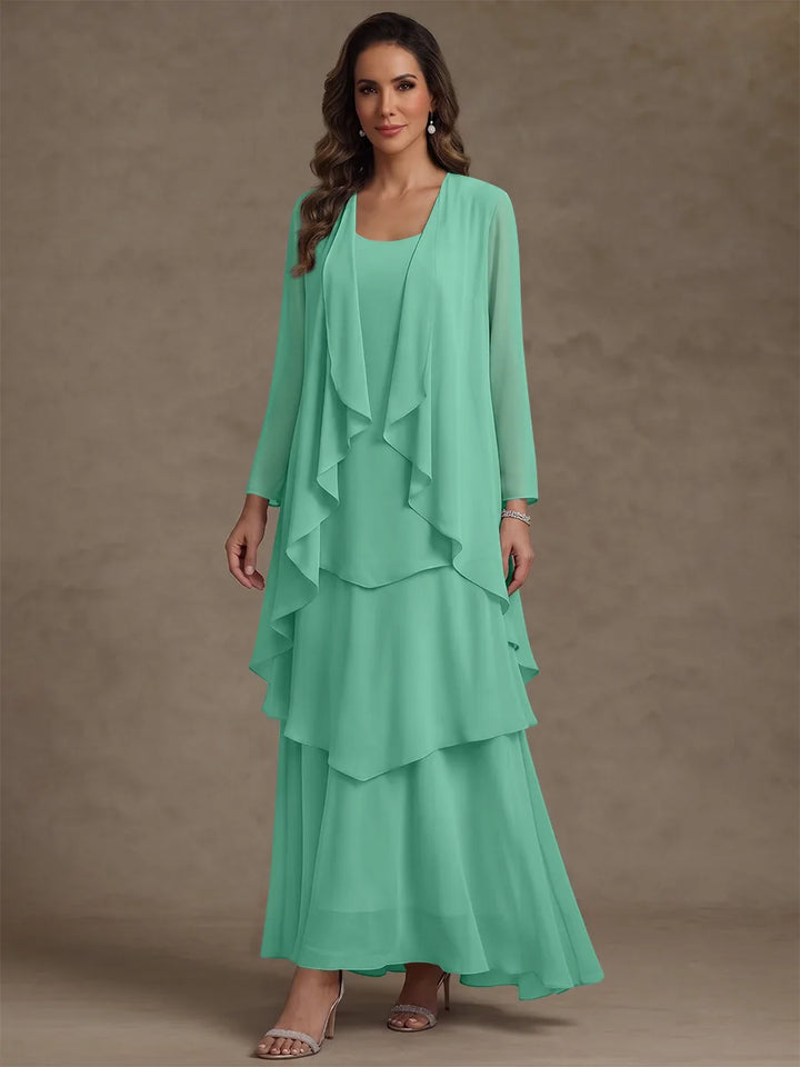 A-Line/Princess Scoop Chiffon Mother of the Bride Dresses with Jacket & Ruffles Long Sleeves Ankle-Length