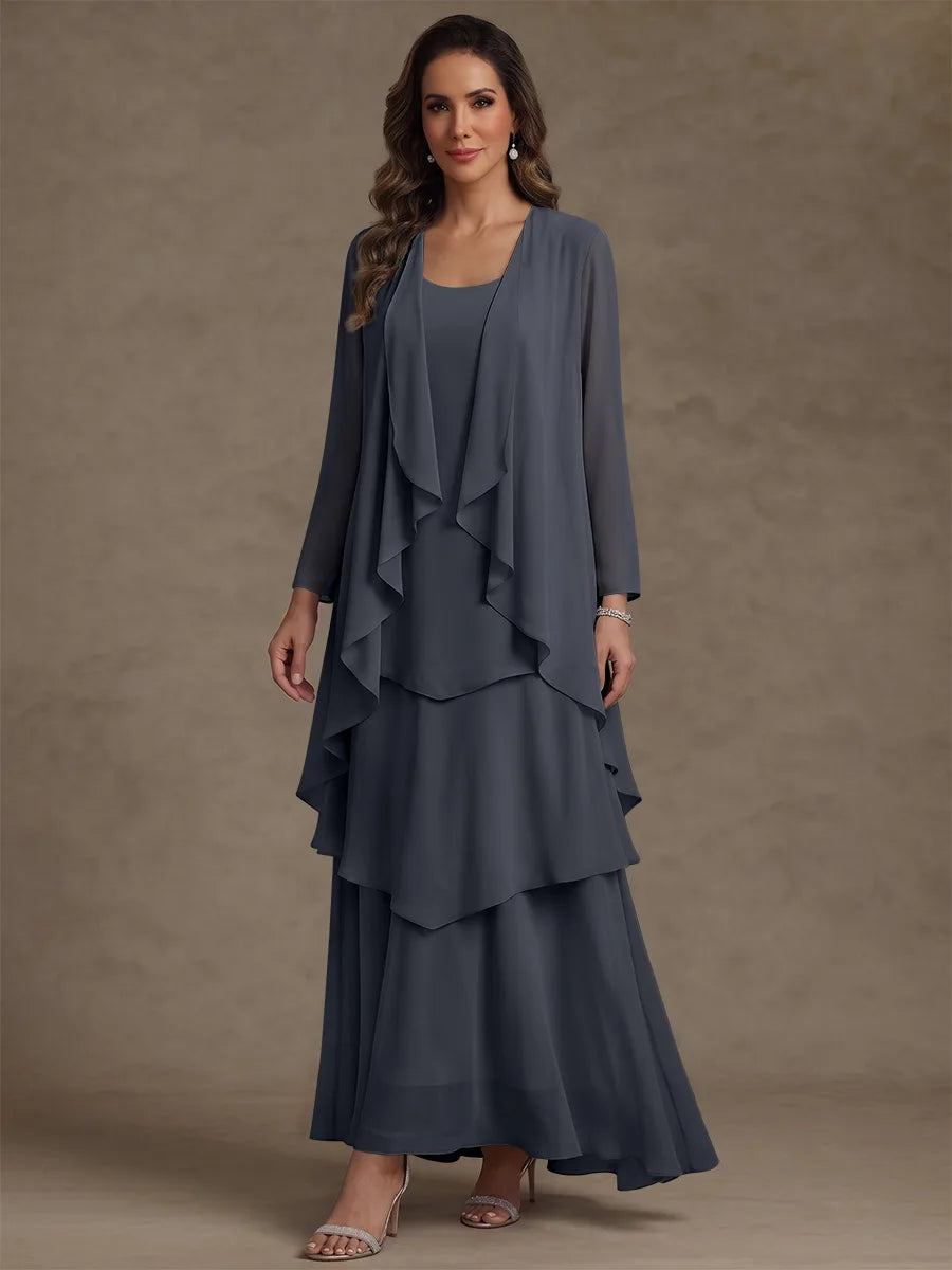 A-Line/Princess Scoop Chiffon Mother of the Bride Dresses with Jacket & Ruffles Long Sleeves Ankle-Length