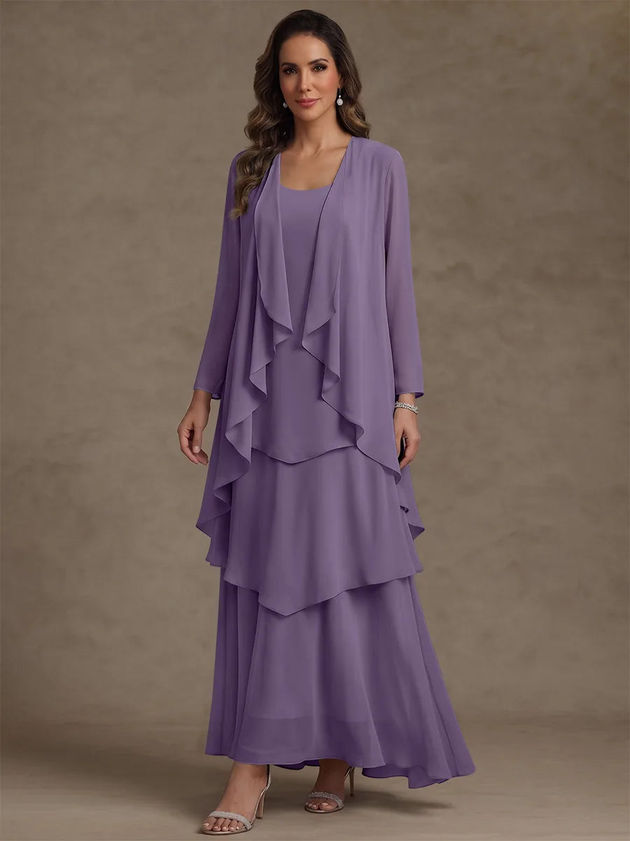 A-Line/Princess Scoop Chiffon Mother of the Bride Dresses with Jacket & Ruffles Long Sleeves Ankle-Length