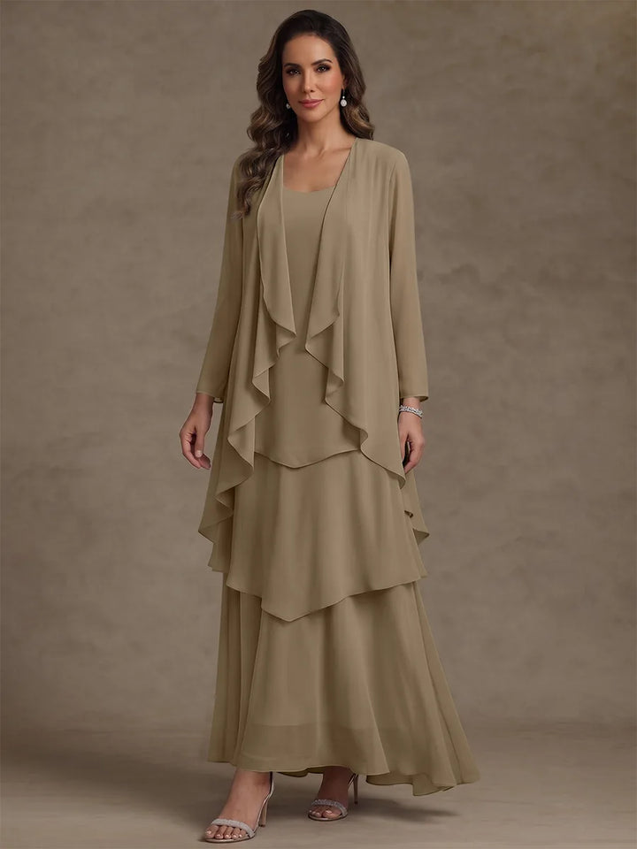 A-Line/Princess Scoop Chiffon Mother of the Bride Dresses with Jacket & Ruffles Long Sleeves Ankle-Length