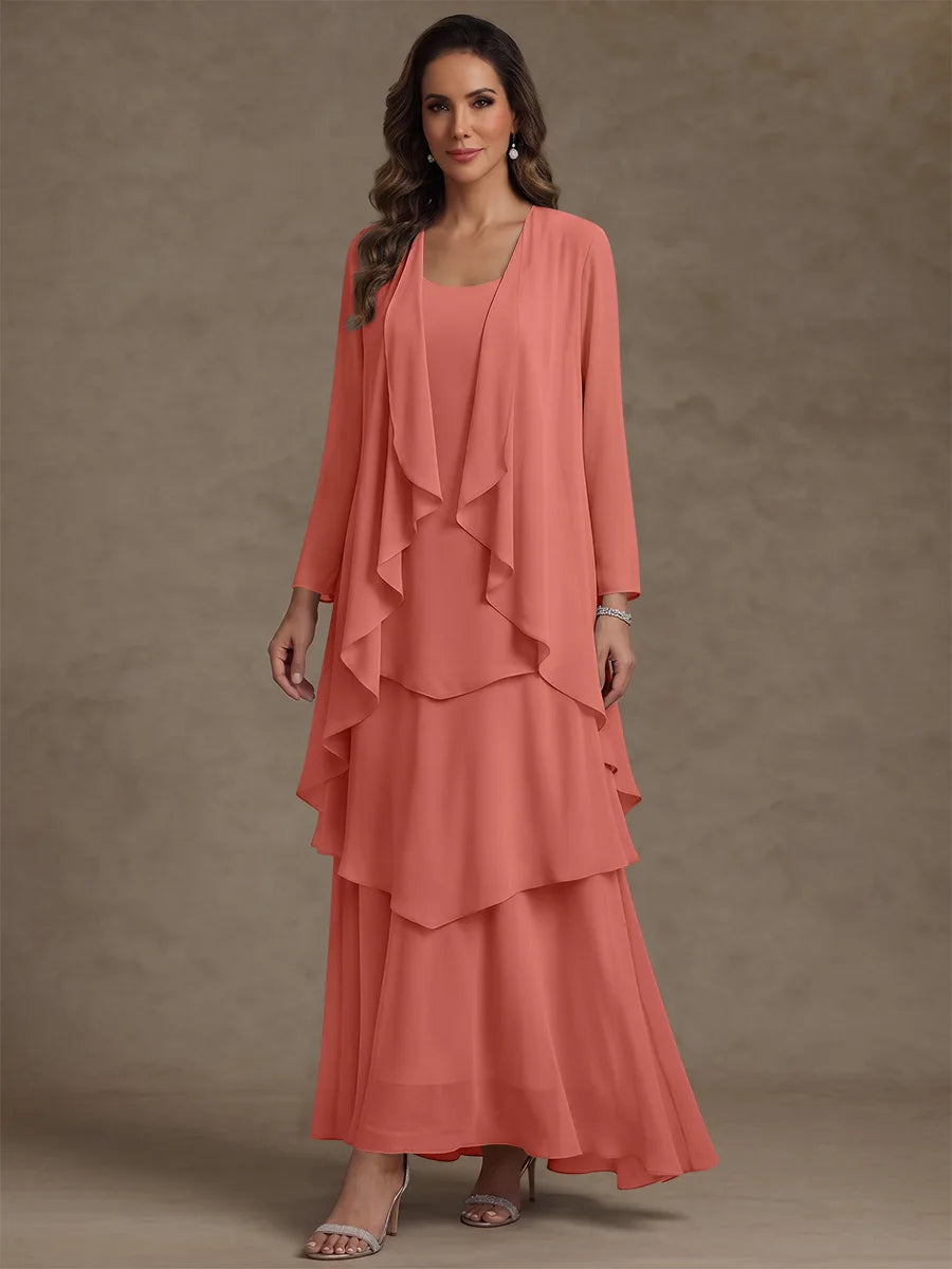 A-Line/Princess Scoop Chiffon Mother of the Bride Dresses with Jacket & Ruffles Long Sleeves Ankle-Length
