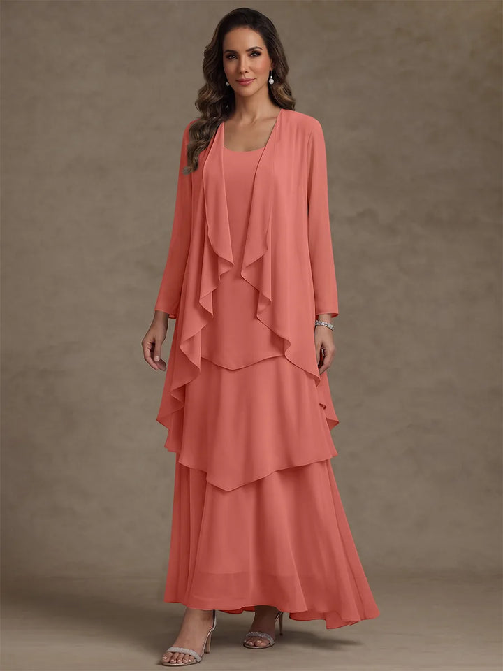 A-Line/Princess Scoop Chiffon Mother of the Bride Dresses with Jacket & Ruffles Long Sleeves Ankle-Length