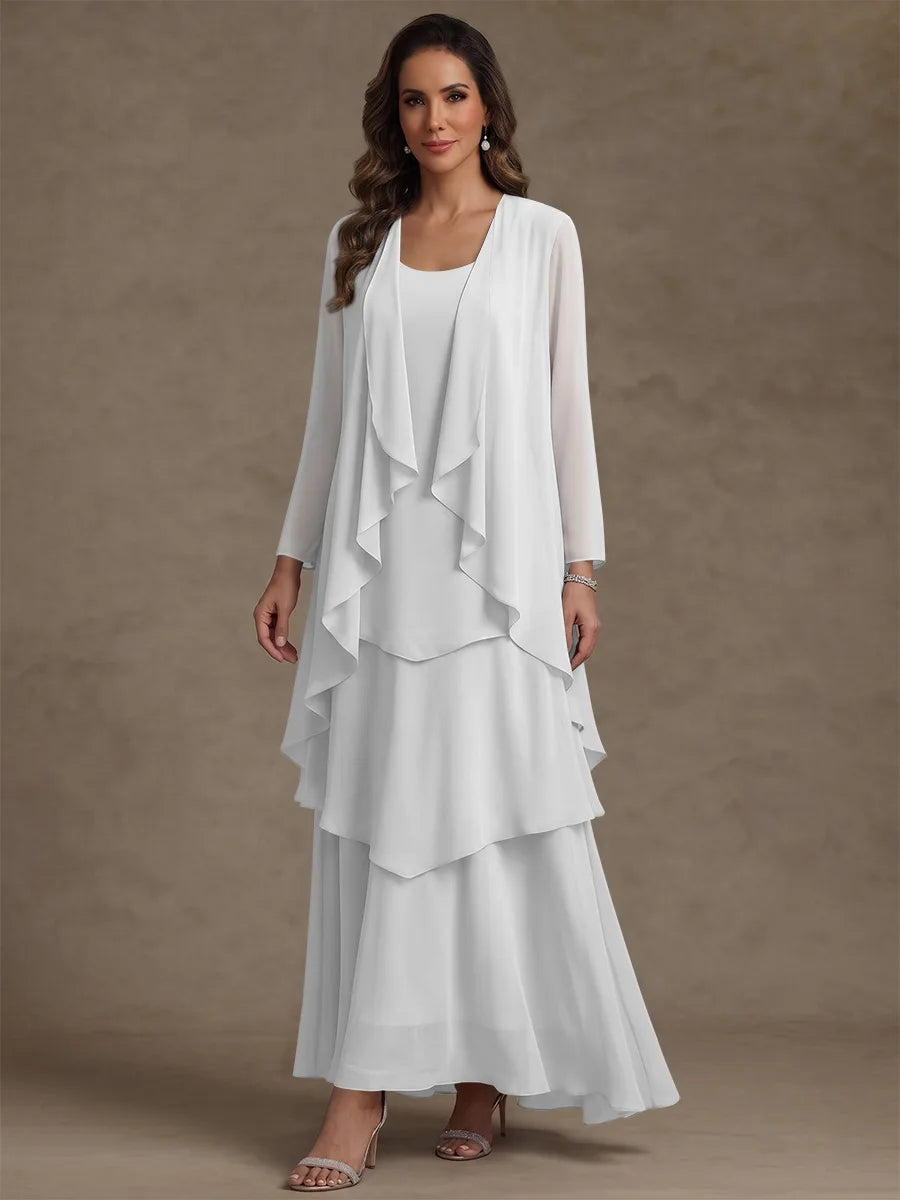 A-Line/Princess Scoop Chiffon Mother of the Bride Dresses with Jacket & Ruffles Long Sleeves Ankle-Length