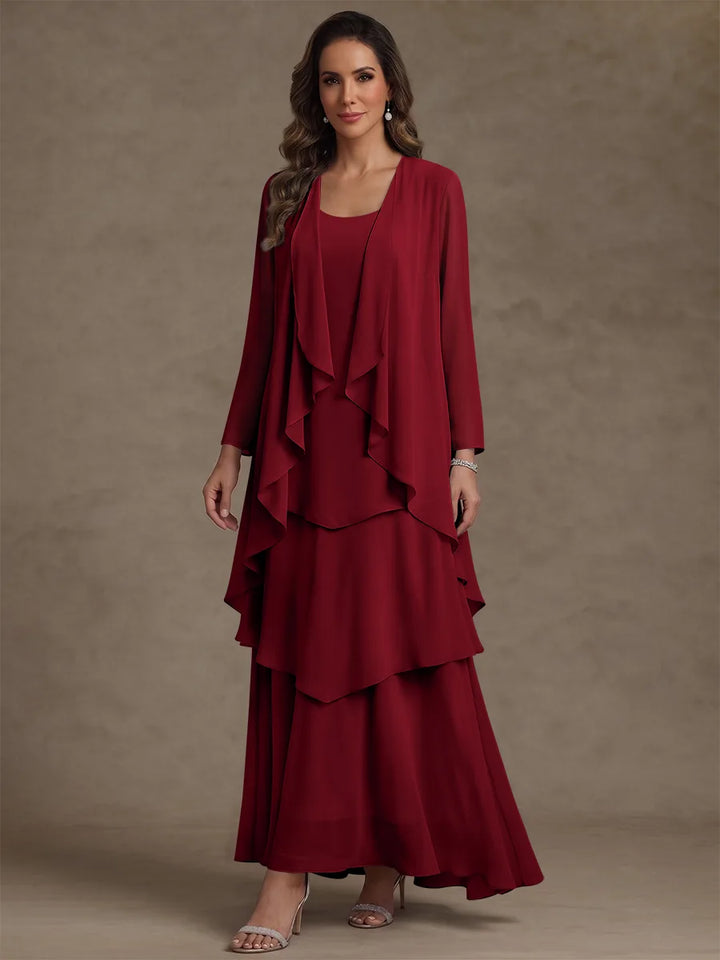 A-Line/Princess Scoop Chiffon Mother of the Bride Dresses with Jacket & Ruffles Long Sleeves Ankle-Length