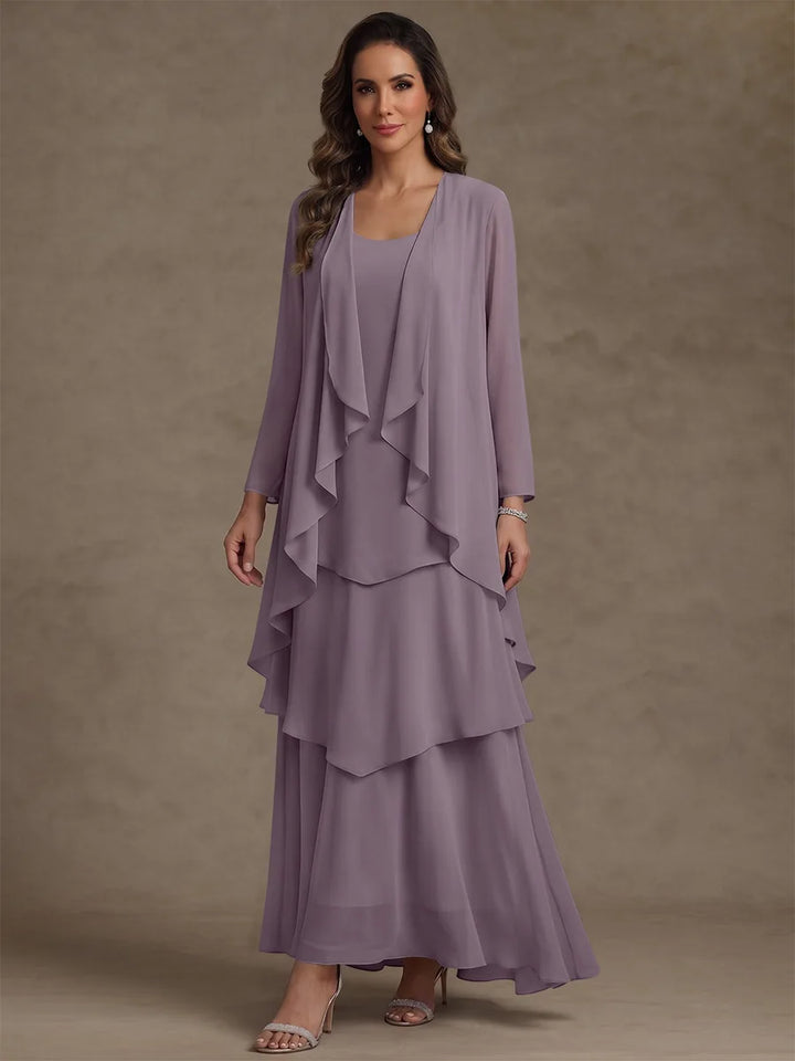 A-Line/Princess Scoop Chiffon Mother of the Bride Dresses with Jacket & Ruffles Long Sleeves Ankle-Length