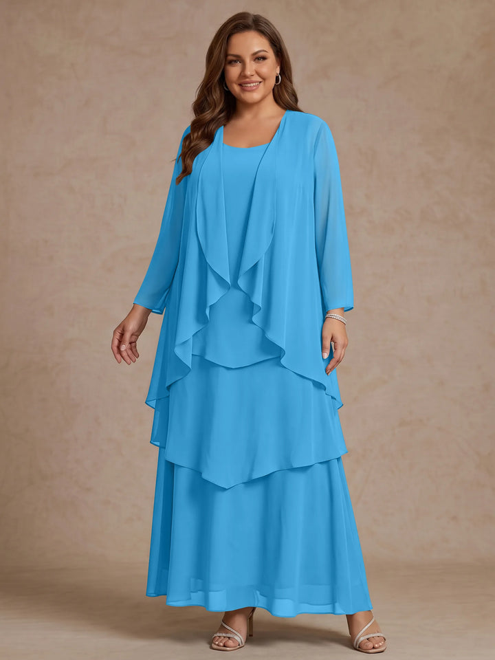 A-Line/Princess Scoop Chiffon Plus Size Mother of the Bride Dresses with Jacket &amp; Ruffles Long Sleeves Ankle-Length