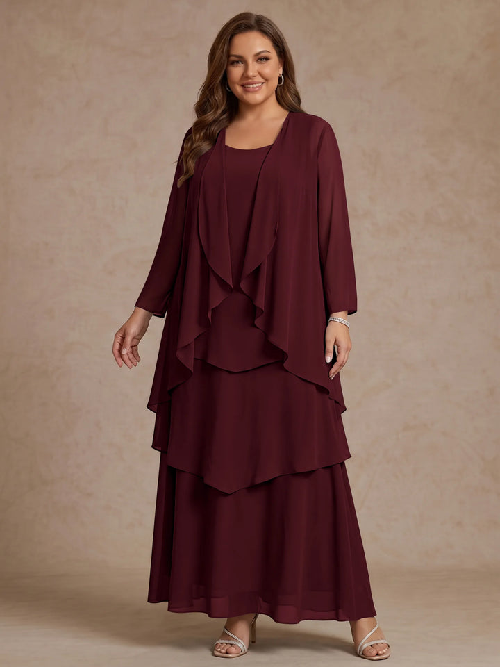 A-Line/Princess Scoop Chiffon Plus Size Mother of the Bride Dresses with Jacket &amp; Ruffles Long Sleeves Ankle-Length