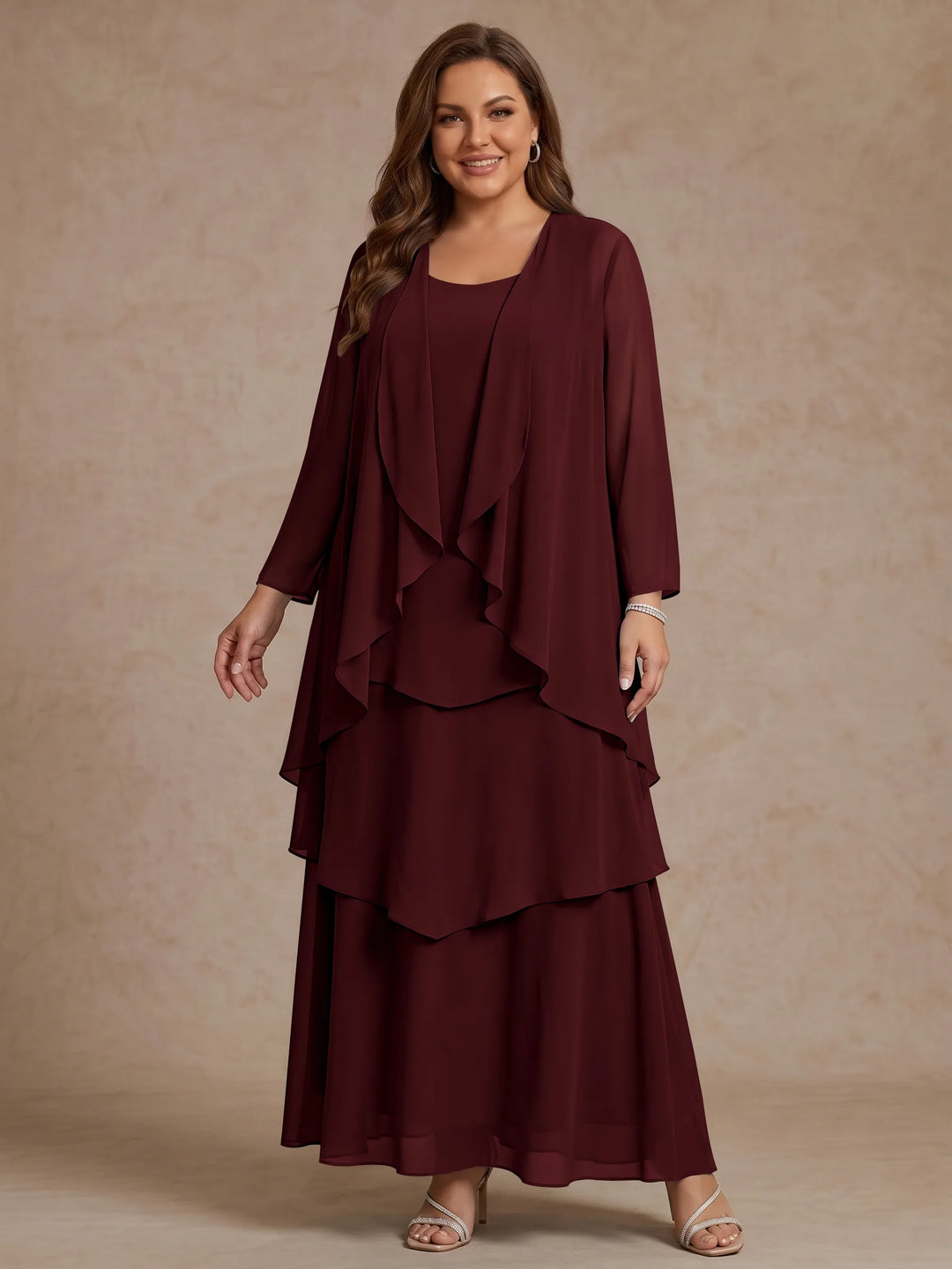 A-Line/Princess Scoop Chiffon Plus Size Mother of the Bride Dresses with Jacket &amp; Ruffles Long Sleeves Ankle-Length