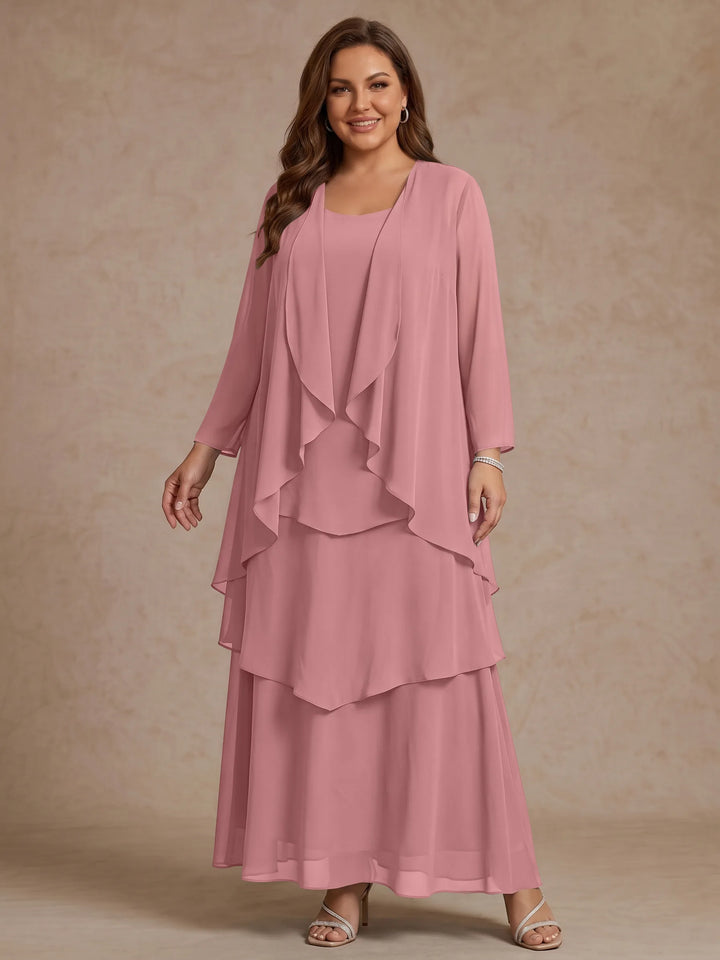 A-Line/Princess Scoop Chiffon Plus Size Mother of the Bride Dresses with Jacket &amp; Ruffles Long Sleeves Ankle-Length