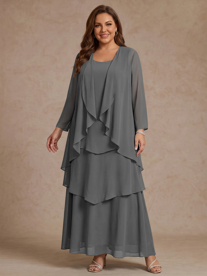 A-Line/Princess Scoop Chiffon Plus Size Mother of the Bride Dresses with Jacket &amp; Ruffles Long Sleeves Ankle-Length