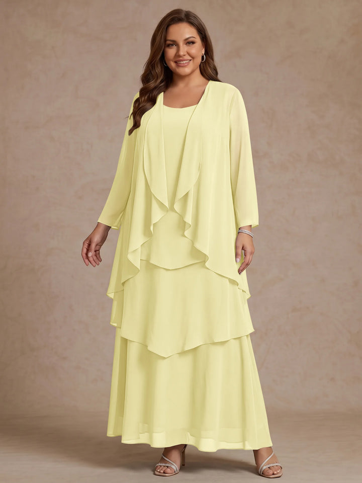 A-Line/Princess Scoop Chiffon Plus Size Mother of the Bride Dresses with Jacket &amp; Ruffles Long Sleeves Ankle-Length