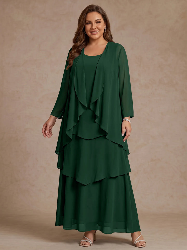 A-Line/Princess Scoop Chiffon Plus Size Mother of the Bride Dresses with Jacket &amp; Ruffles Long Sleeves Ankle-Length