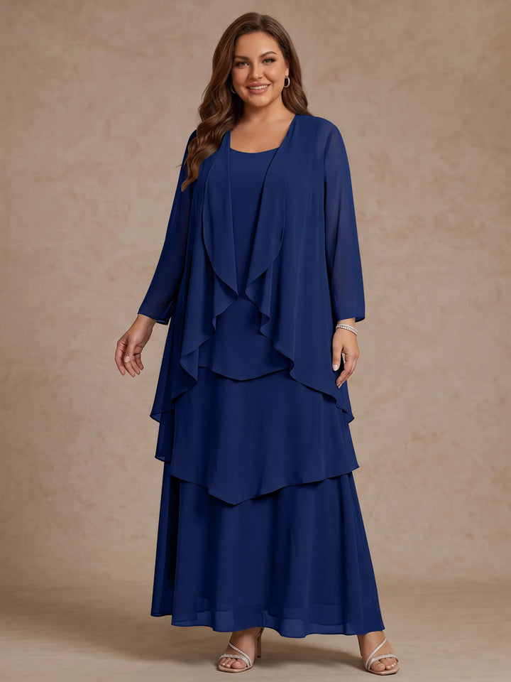 A-Line/Princess Scoop Chiffon Plus Size Mother of the Bride Dresses with Jacket &amp; Ruffles Long Sleeves Ankle-Length