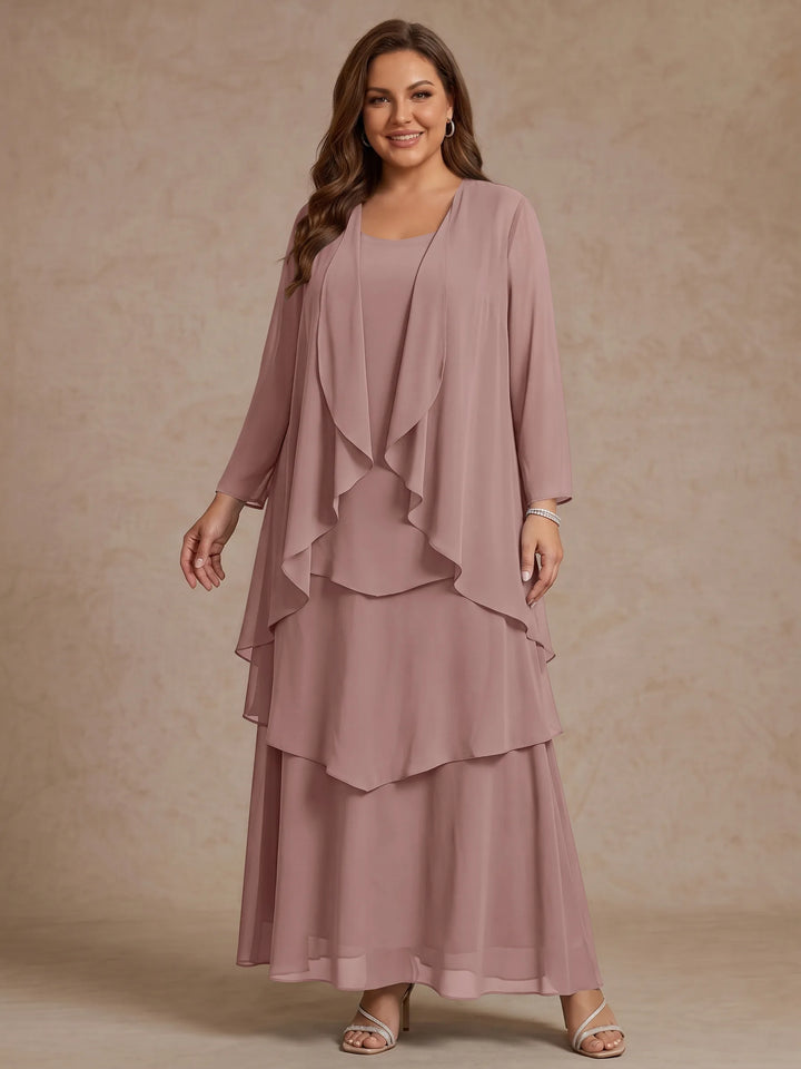 A-Line/Princess Scoop Chiffon Plus Size Mother of the Bride Dresses with Jacket &amp; Ruffles Long Sleeves Ankle-Length