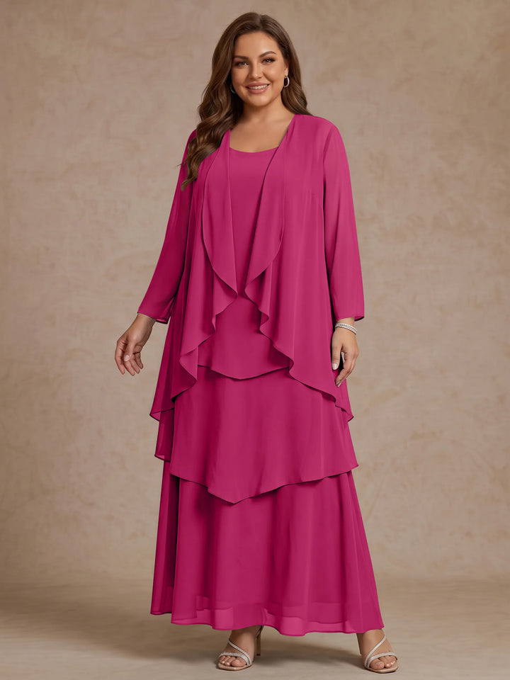 A-Line/Princess Scoop Chiffon Plus Size Mother of the Bride Dresses with Jacket &amp; Ruffles Long Sleeves Ankle-Length