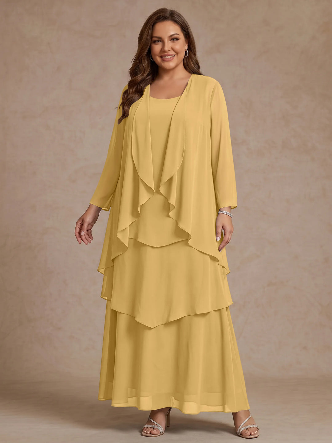 A-Line/Princess Scoop Chiffon Plus Size Mother of the Bride Dresses with Jacket &amp; Ruffles Long Sleeves Ankle-Length