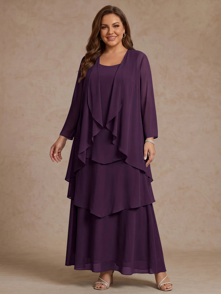 A-Line/Princess Scoop Chiffon Plus Size Mother of the Bride Dresses with Jacket &amp; Ruffles Long Sleeves Ankle-Length