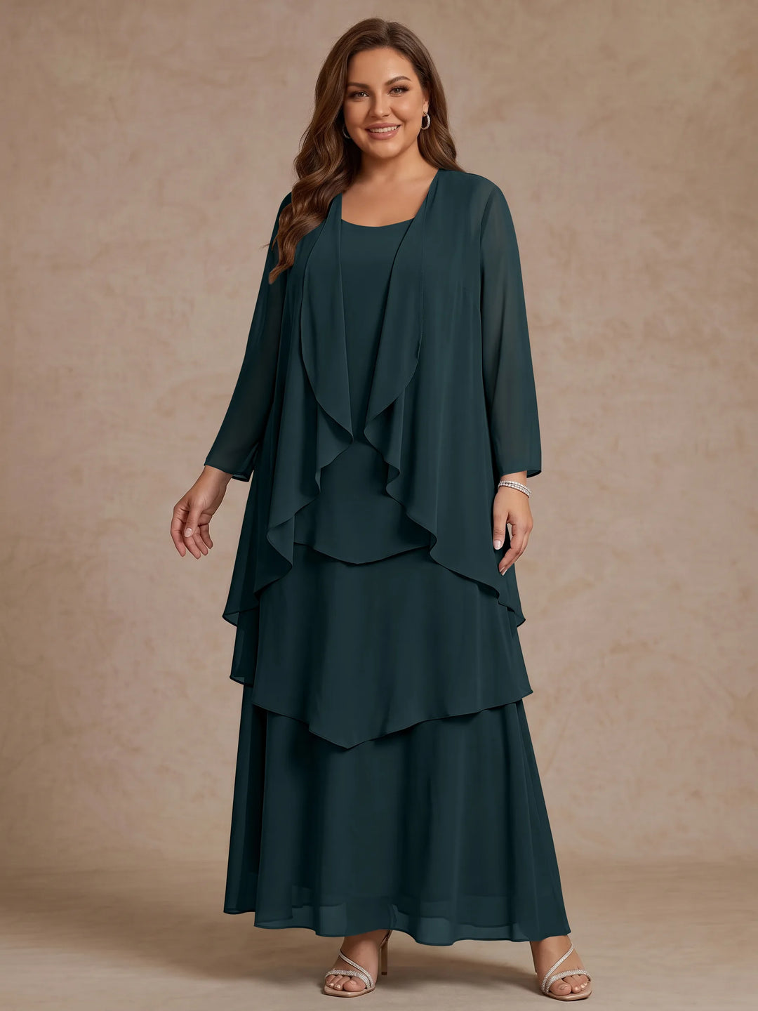 A-Line/Princess Scoop Chiffon Plus Size Mother of the Bride Dresses with Jacket &amp; Ruffles Long Sleeves Ankle-Length