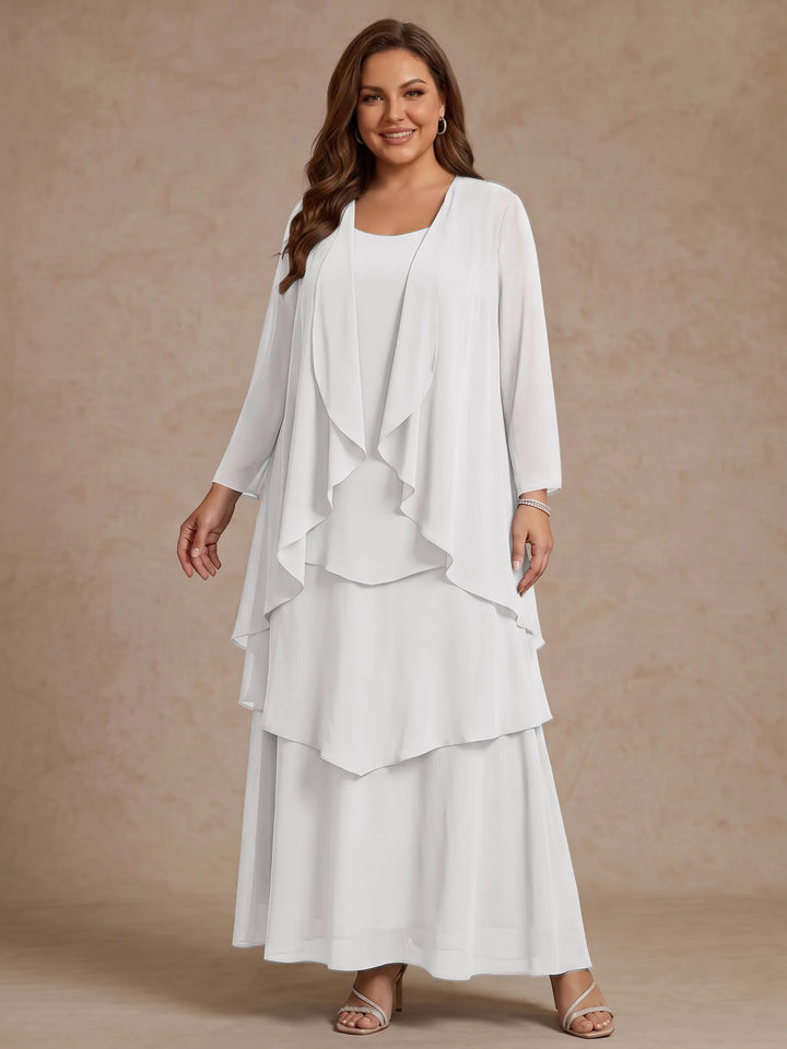 A-Line/Princess Scoop Chiffon Plus Size Mother of the Bride Dresses with Jacket &amp; Ruffles Long Sleeves Ankle-Length