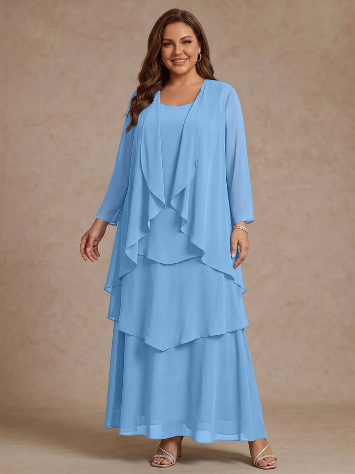 A-Line/Princess Scoop Chiffon Plus Size Mother of the Bride Dresses with Jacket &amp; Ruffles Long Sleeves Ankle-Length