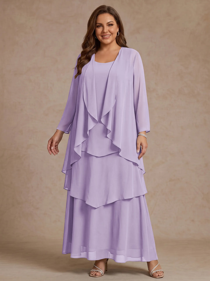A-Line/Princess Scoop Chiffon Plus Size Mother of the Bride Dresses with Jacket &amp; Ruffles Long Sleeves Ankle-Length
