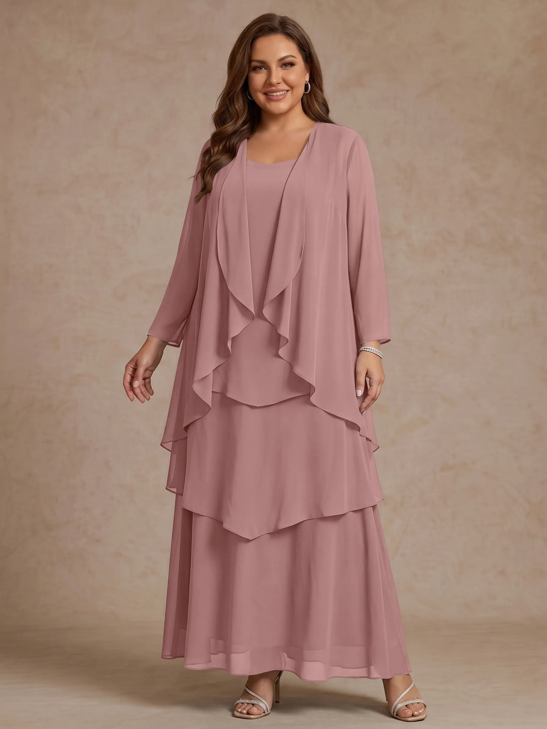 A-Line/Princess Scoop Chiffon Plus Size Mother of the Bride Dresses with Jacket &amp; Ruffles Long Sleeves Ankle-Length