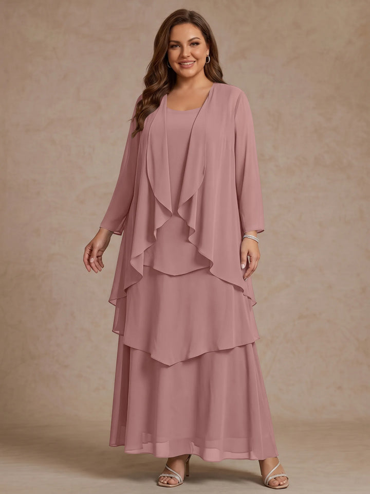 A-Line/Princess Scoop Chiffon Plus Size Mother of the Bride Dresses with Jacket &amp; Ruffles Long Sleeves Ankle-Length